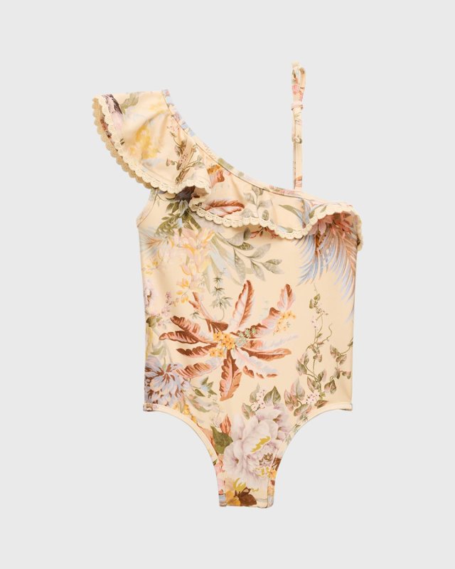 Girl's Tallow Floral-Print Frill One Shoulder Swimsuit, Size 1-12